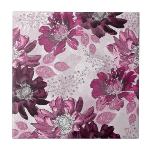Pink, burgundy flowers on dusty pink tile