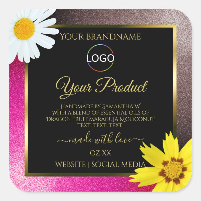 Pink Burgundy Glitter Black Product Labels Logo (Front)