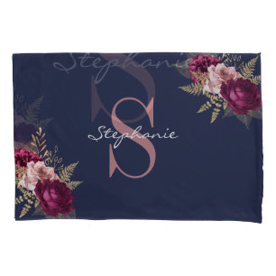 Pink Burgundy Gold Floral Monogram Custom Name  Pillowcase