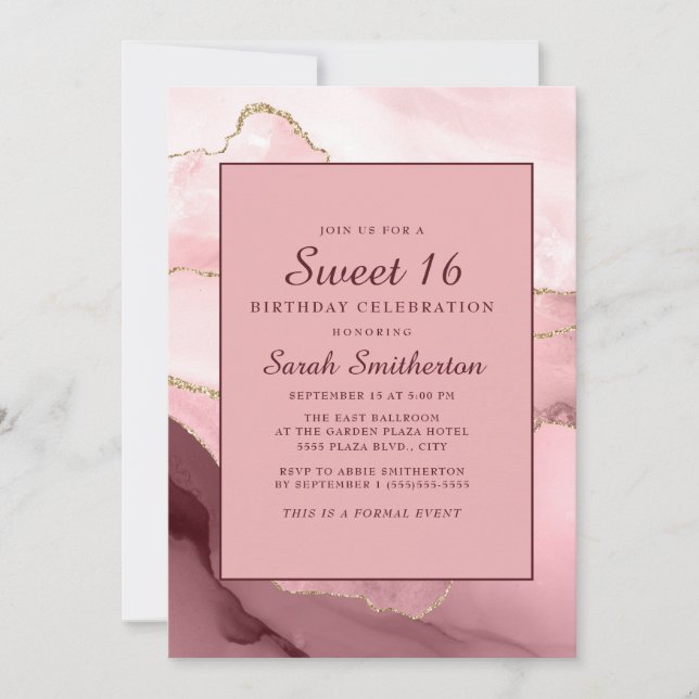 Pink Burgundy Gold Marble Agate Sweet 16 Invitation (Front)