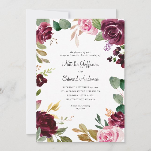 Pink, burgundy muted green and fig floral wedding (Front)