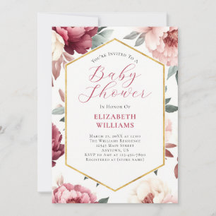 Pink Burgundy Peonies Baby Shower Invitation