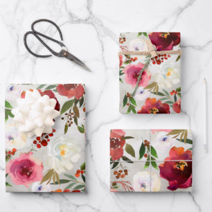 Pink & Burgundy Peony & Berries Floral Garden Wrapping Paper Sheet