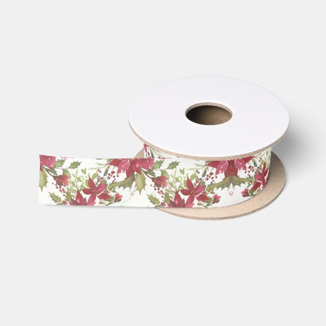 Pink burgundy red watercolor Christmas floral Satin Ribbon (Spool)
