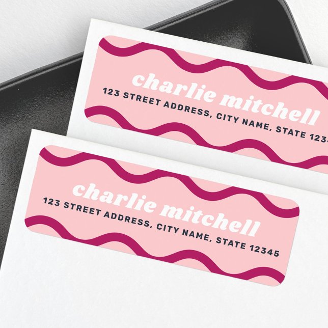 Pink burgundy retro squiggly line return address (Pink burgundy retro squiggly line return address label)