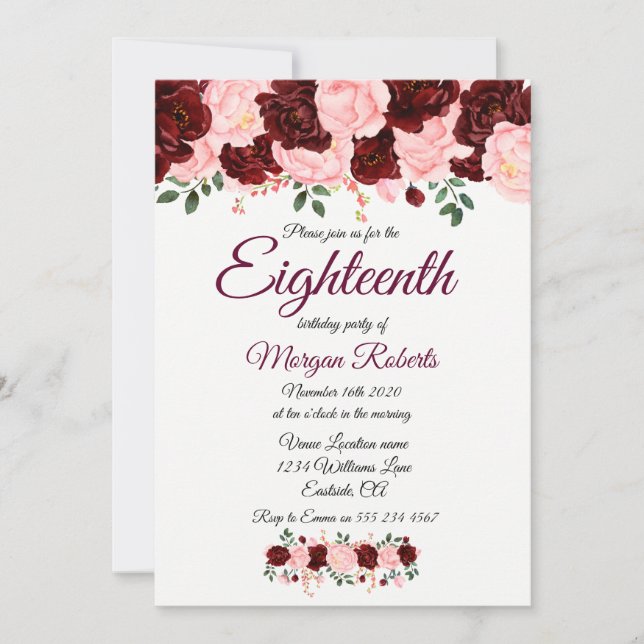 Pink Burgundy rose 18th birthday party invite (Front)