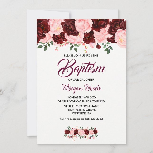 Pink & Burgundy Rose fille Baptême Invitation de s (Devant)
