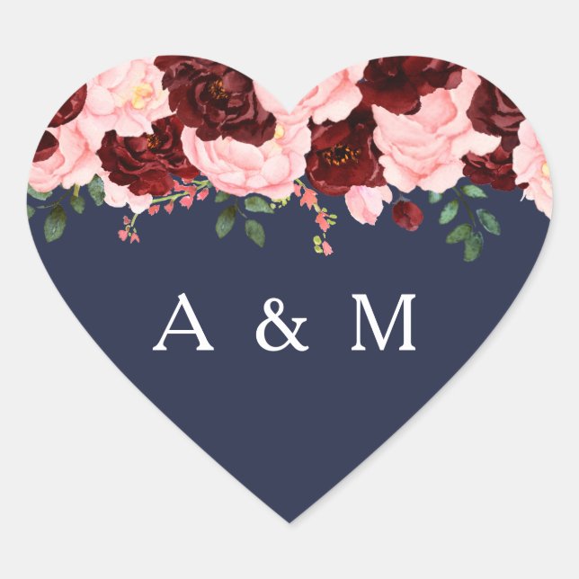 Pink Burgundy Rose Floral Navy Blue Wedding Heart Sticker (Front)