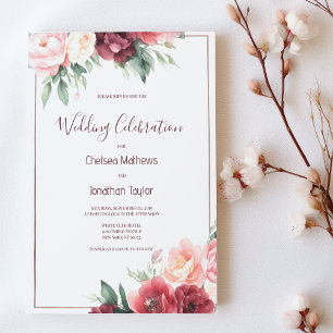 Pink burgundy summer botanic floral Wedding Invitation