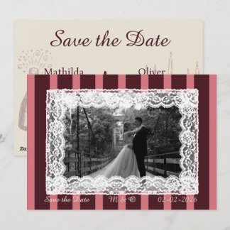 Pink &Burgundy Thin Stripe Vintage Lace Invitation