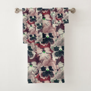 Pink, burgundy watercolor flowers bath towel set