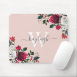 Pink Burgundy Watercolor Rose Floral Monogrammed Mouse Pad<br><div class="desc">Pink burgundy watercolor botanical peony rose floral personalized monogrammed Mouse Pad. Burgundy, marsala, white watercolor peony roses, botanical floral chich design with dark green leaves and berries on pastel blush pink background. Feature an elegant swirly handwritten typography design with your name, monogram and pretty burgundy, white peony roses arrangement. Perfect...</div>