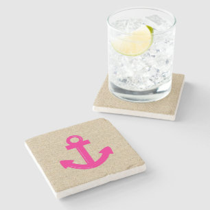 Pink burlap anchor marble stone coasters