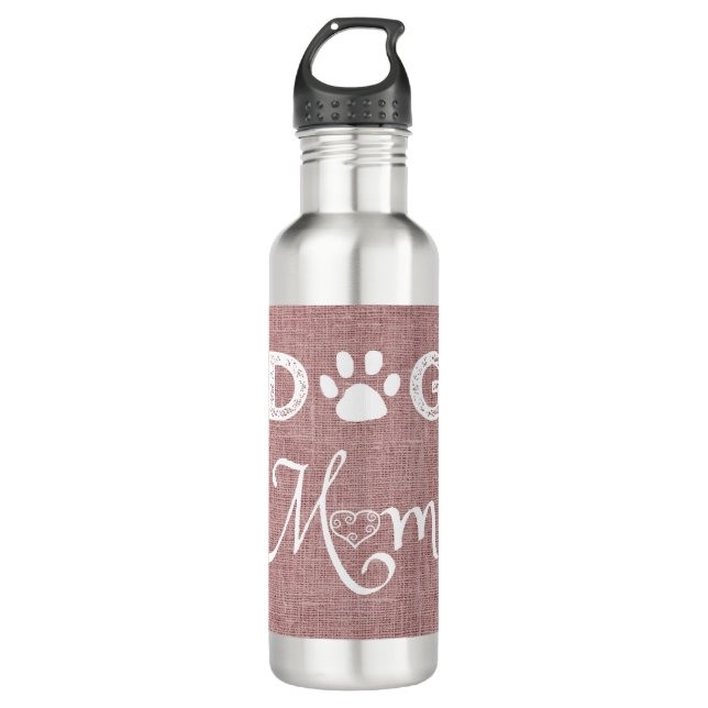 Pink Burlap Dog Mom Water Bottle (Front)