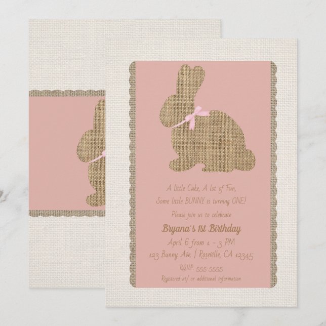 Pink & Burlap Rustic Bunny Easter 1st Birthday Invitation (Front/Back)