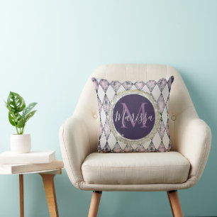 Pink Bush Harlequin Monogram Glitter Throw Pillow