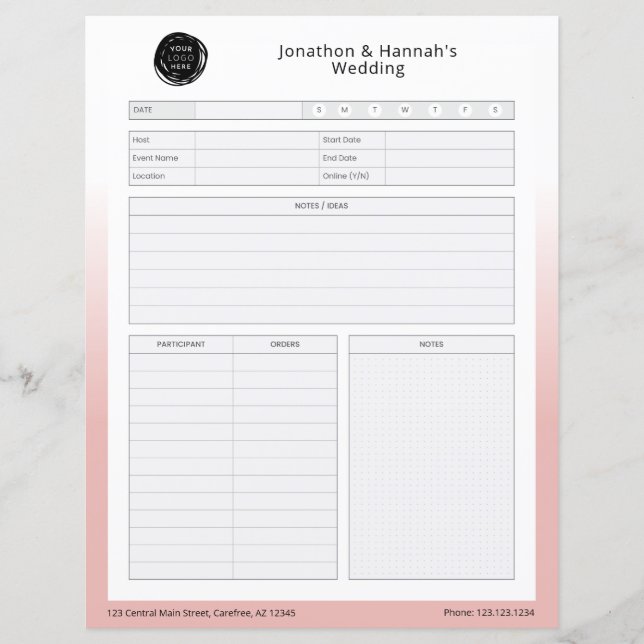 Pink Business Event Planning Worksheet (Front)
