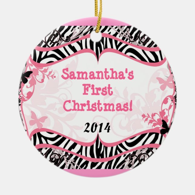 Pink Buttefly Zebra Personalized Name Ornament (Front)