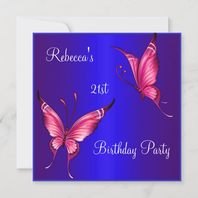 Pink Butterflies 21st Birthday Party Blue Invitation (Front)