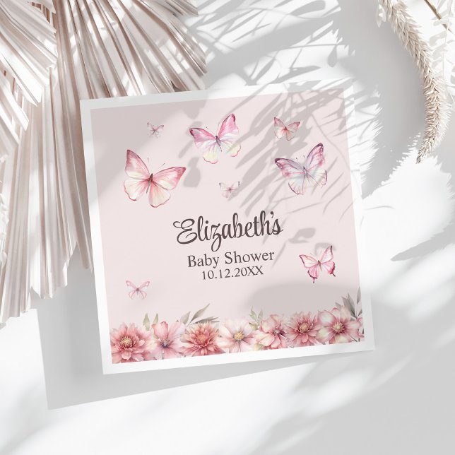 Pink Butterflies and Flowers Baby Shower  Napkin (Pink Butterflies and Flowers Baby Shower Napkins on a white sunny table.)