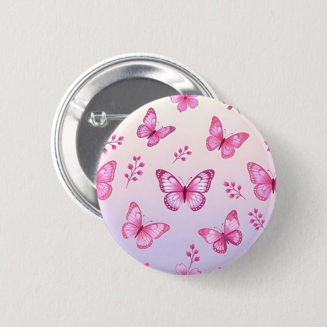 Pink butterflies and flowers pattern 2 inch round button (Front & Back)