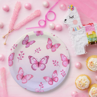 Pink butterflies and flowers pattern paper plate