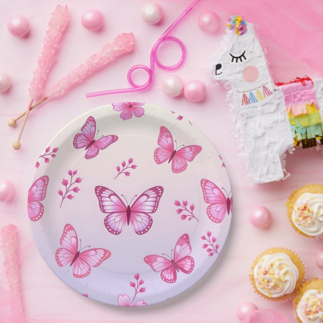 Pink butterflies and flowers pattern paper plate (Party)