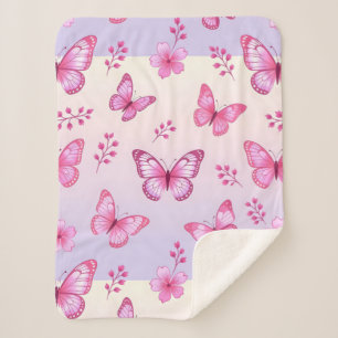 Pink butterflies and flowers pattern sherpa blanket