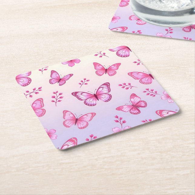 Pink butterflies and flowers pattern square paper coaster (Angled)