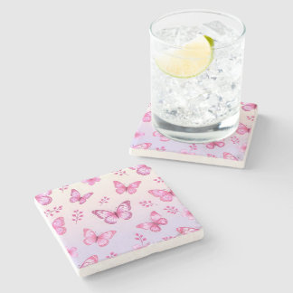 Pink butterflies and flowers pattern stone coaster