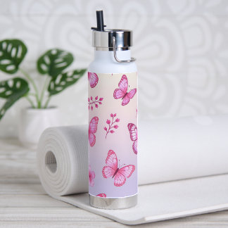 Pink butterflies and flowers pattern water bottle