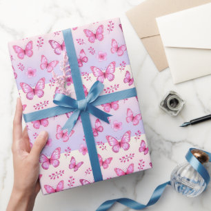 Pink butterflies and flowers pattern wrapping paper