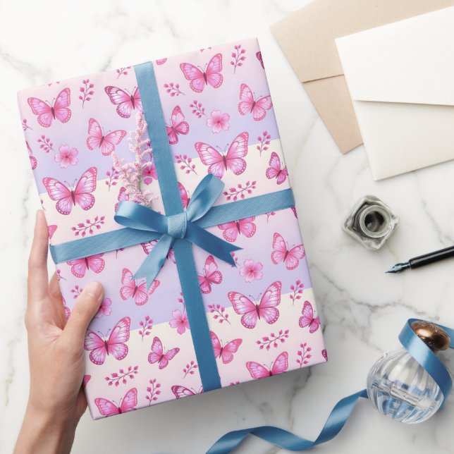 Pink butterflies and flowers pattern wrapping paper (Gifting)