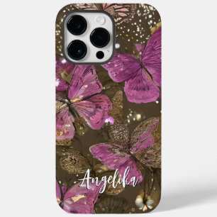 Pink Butterflies and Flowers Personalized Name Case-Mate iPhone 14 Pro Max Case