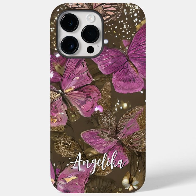 Pink Butterflies and Flowers Personalized Name Case-Mate iPhone Case (Back)