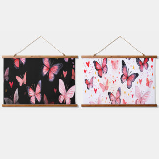 Pink Butterflies and Hearts Romantic Hanging Tapestry
