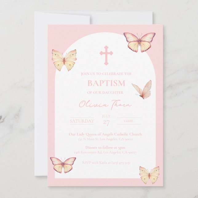 Pink Butterflies Baby Girl Baptism Invitation (Front)