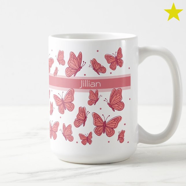 Pink Butterflies & Dots Custom Name Monogram Coffee Mug (Creator Uploaded)