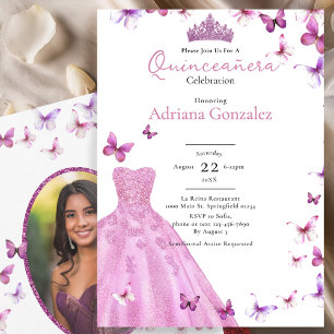 Pink Butterflies Dress and Tiara Photo Quinceanera Invitation