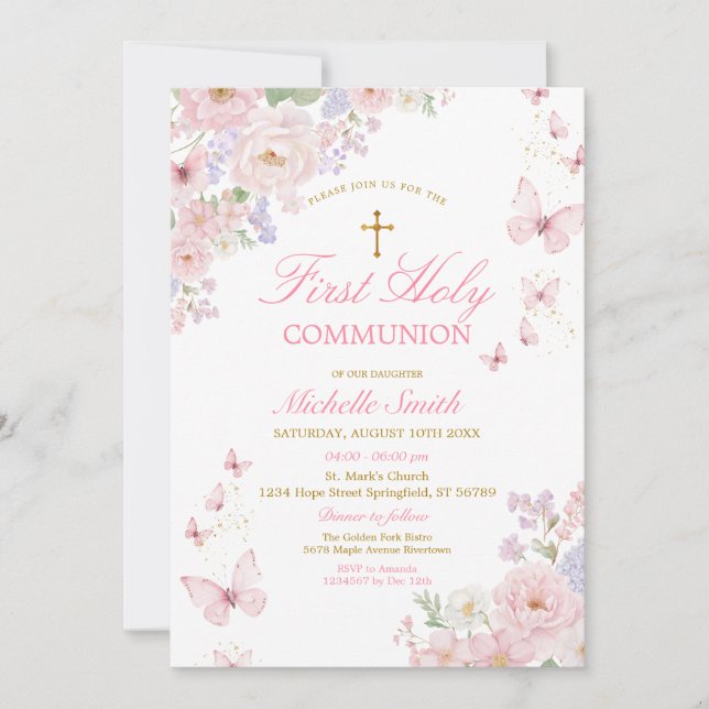 Pink Butterflies Dusty Floral First Holy Communion Invitation (Front)