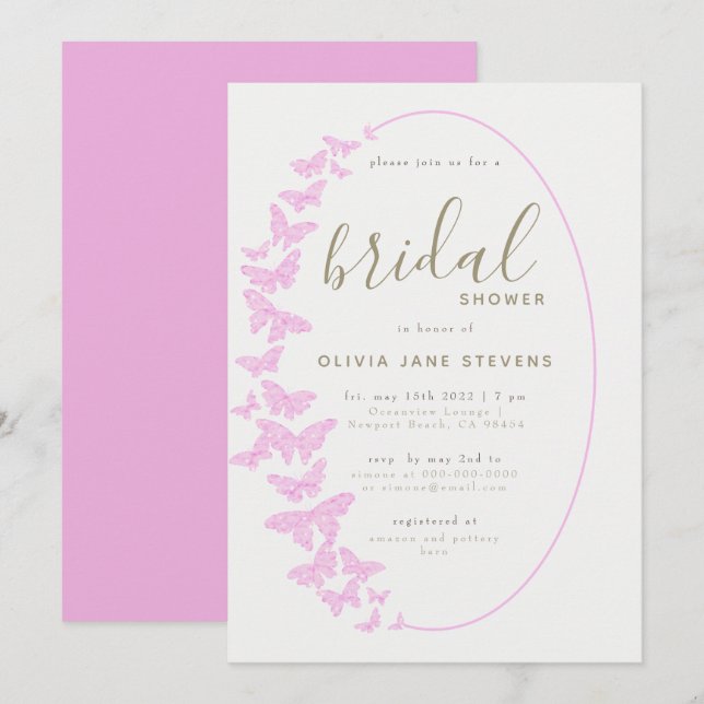 Pink Butterflies Elegant Boho Frame Bridal Shower Invitation (Front/Back)