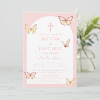 Pink Butterflies First Birthday Baptism Invitation