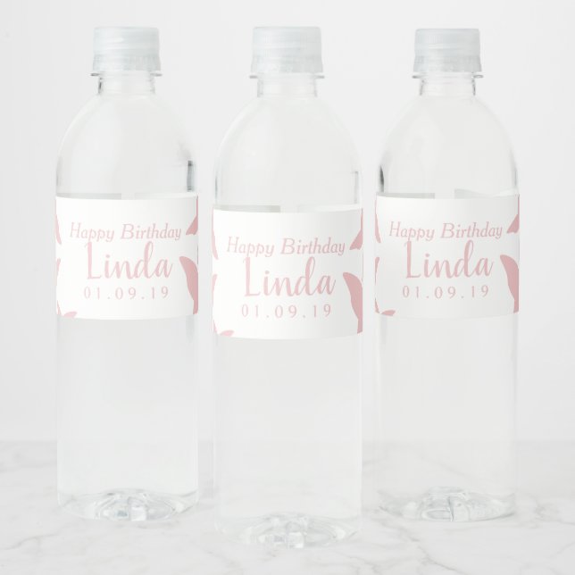 Pink Butterflies Floating Happy Birthday  Water Bottle Label (Bottles)