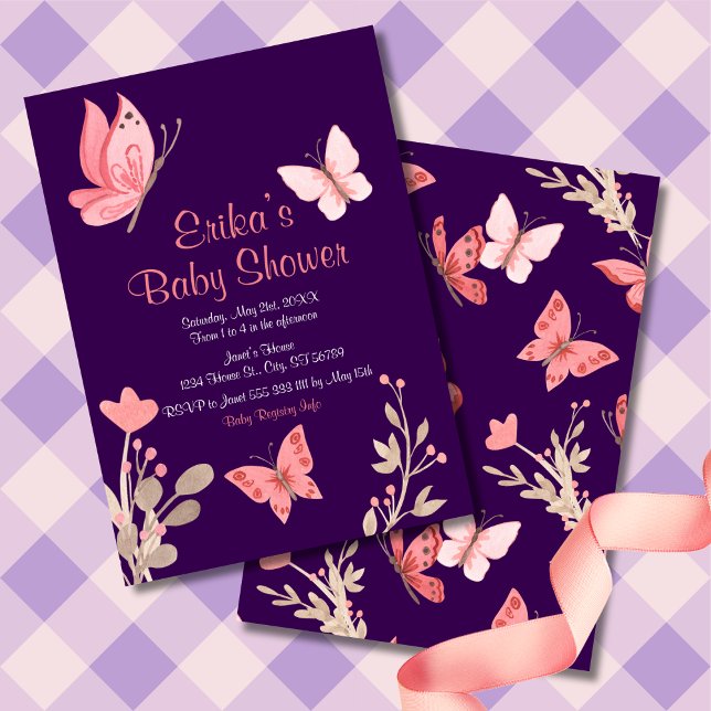 Pink Butterflies Floral Purple Baby Shower Invitation (Creator Uploaded)