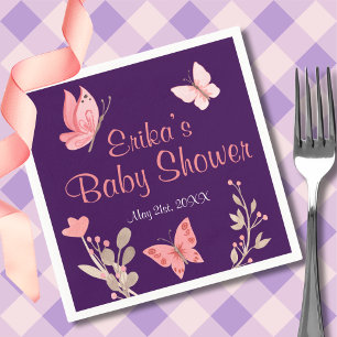 Pink Butterflies Floral Purple Baby Shower Napkin