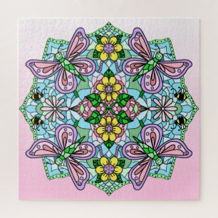 Pink Butterflies Flowers and Bees Mandala Jigsaw Puzzle
