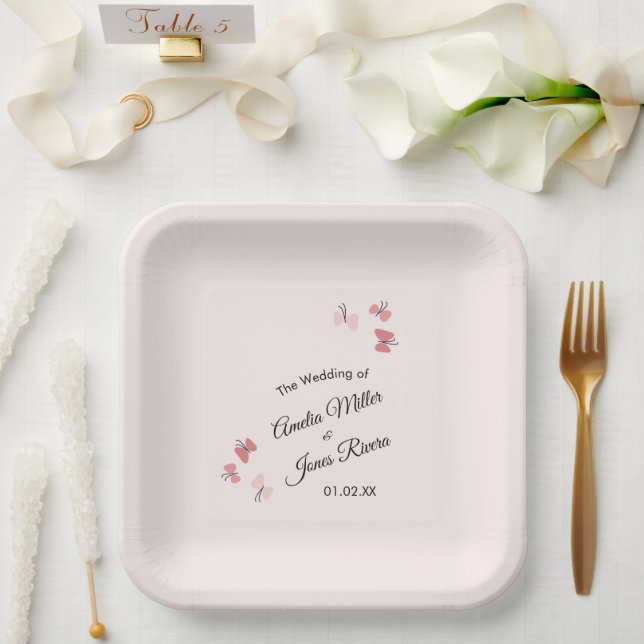 Pink Butterflies Garden Romantic Simple Wedding  Paper Plate (Wedding)