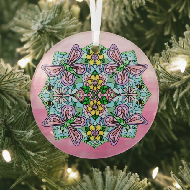 Pink Butterflies Mandala Christmas Glass Ornament (Insitu)