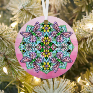 Pink Butterflies Mandala Christmas Metal Ornament