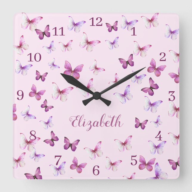 Pink Butterflies Pattern Custom Name Square Wall Clock (Front)